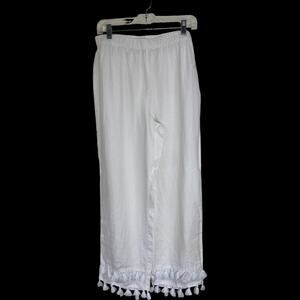 Rachel Zoe Linen Pants M‎ White Tassel Hem Wide Leg 100% Linen Elastic Waist